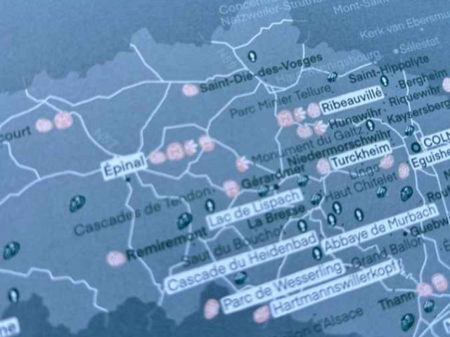 De departementen Vosges en Haut-Rhin zijn geduid op een kleine kaart